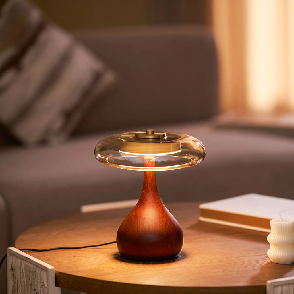 Table Lamp | Walnut-Tone Wood & Amber Glass | Warm LED Light