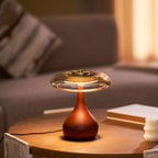 Table Lamp | Walnut-Tone Wood & Amber Glass | Warm LED Light