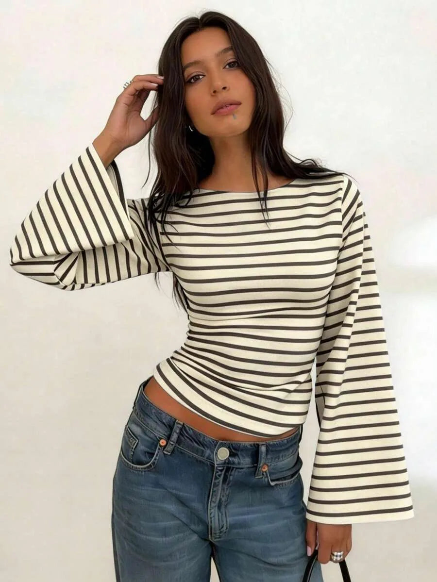 Women's T-Shirt | Striped Rib-Knit | Boat Neck & Cropped Long Sleeve