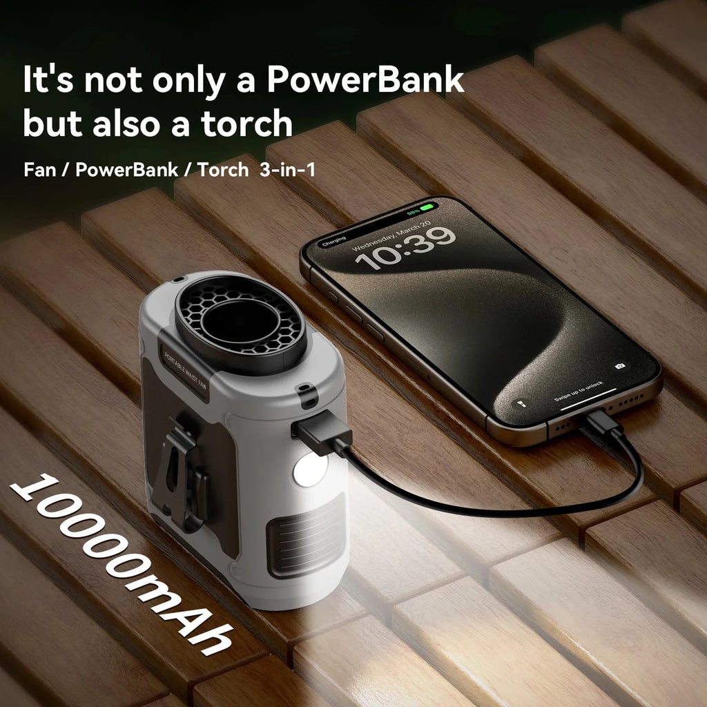 Waist Fan | Clip-On Hands-Free & 10000mAh Power Bank