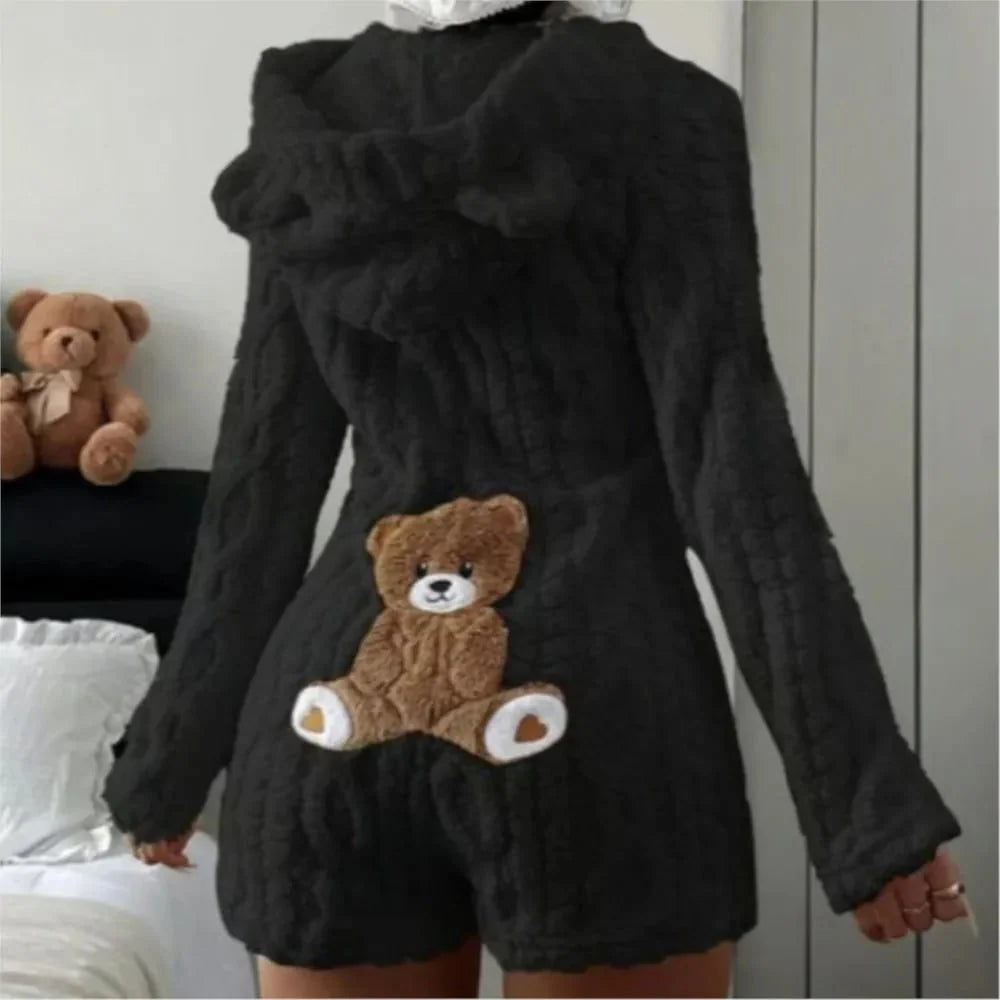 Fleece Romper | Plush Hood With Bear Ears | Front Zipper