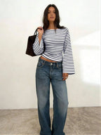 Women's T-Shirt | Striped Rib-Knit | Boat Neck & Cropped Long Sleeve