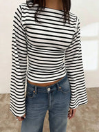 Women's T-Shirt | Striped Rib-Knit | Boat Neck & Cropped Long Sleeve