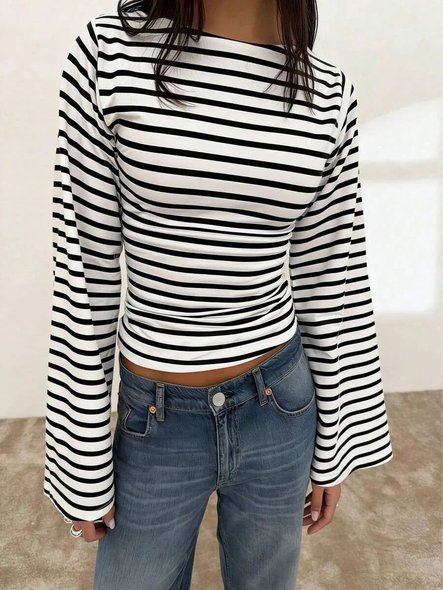 Women's T-Shirt | Striped Rib-Knit | Boat Neck & Cropped Long Sleeve