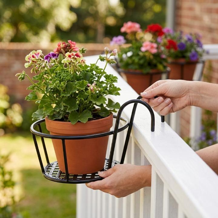 Balcony Plant Pot Holder | No-Drill Hook-On & Open-Grid Drainage | Set of 3