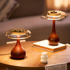 Table Lamp | Walnut-Tone Wood & Amber Glass | Warm LED Light