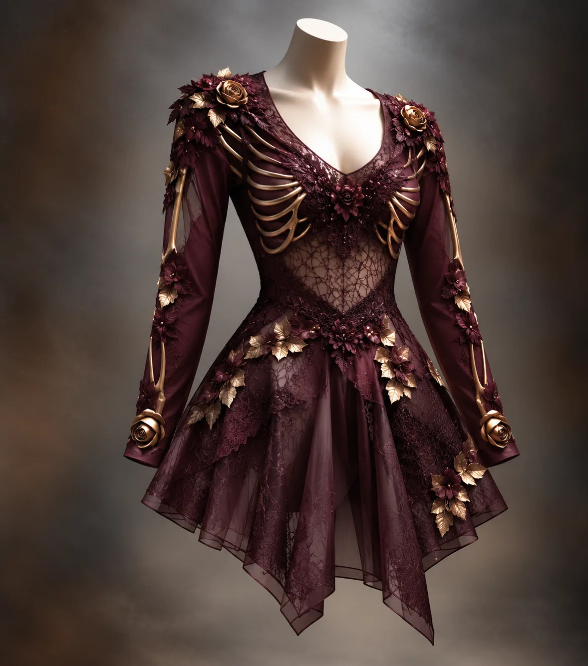 Mini Dress | Gothic Long Sleeve V-Neck | Bone-Inspired & 3D Floral Details