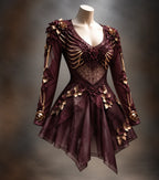 Gothic Mini Dress | Long Sleeve V-Neck | Bone & Floral Appliqués