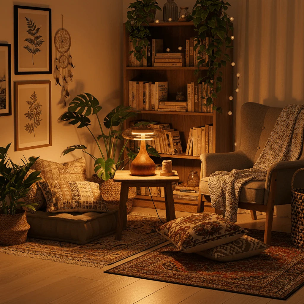 Table Lamp | Walnut-Tone Wood & Amber Glass | Warm LED Light