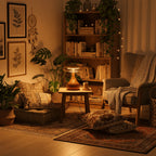 Table Lamp | Walnut-Tone Wood & Amber Glass | Warm LED Light