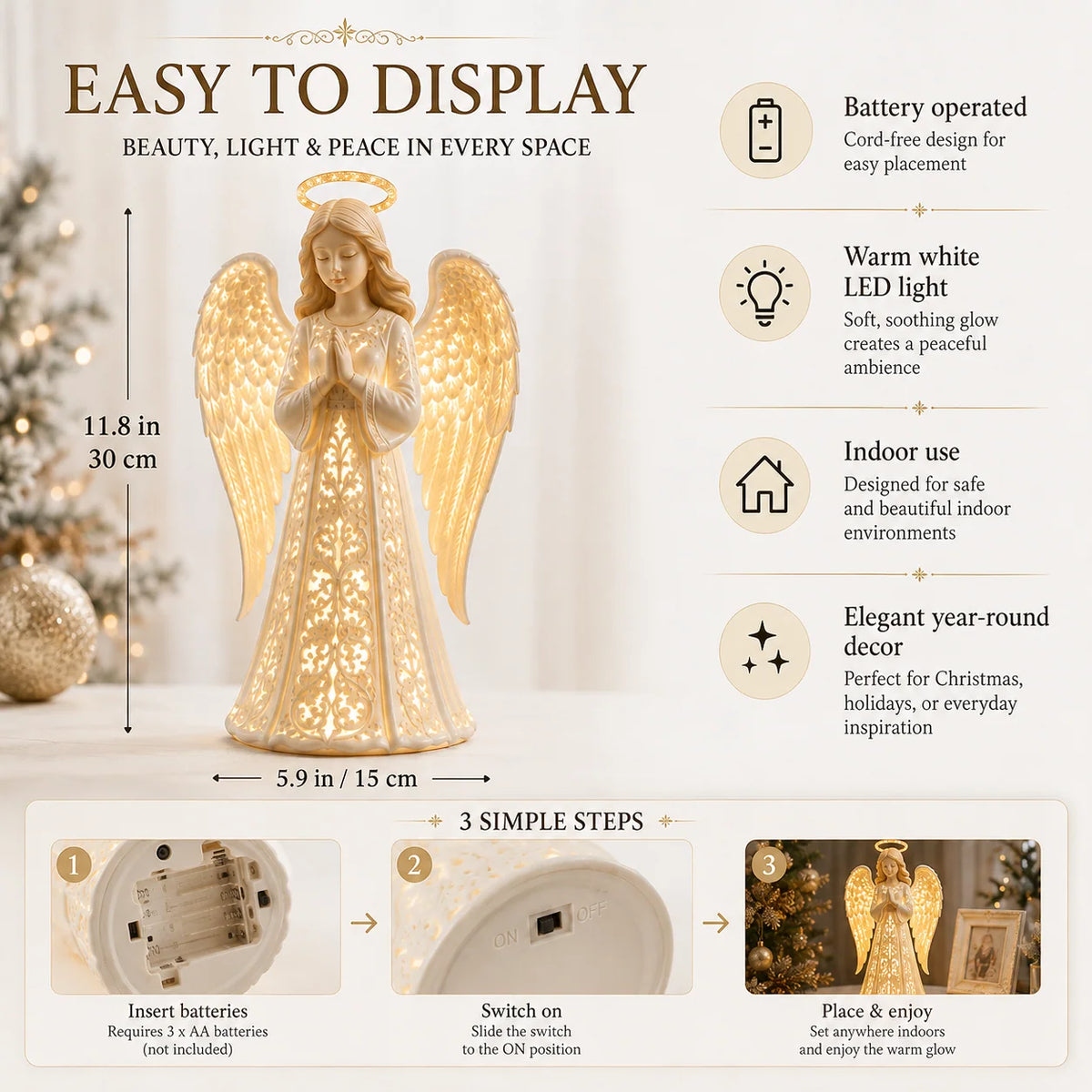 Angel Figurine | Battery-Powered Warm White LED | 30 cm