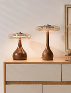 Table Lamp | Walnut-Tone Wood & Amber Glass | Warm LED Light
