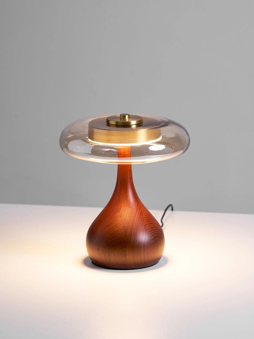 Table Lamp | Walnut-Tone Wood & Amber Glass | Warm LED Light
