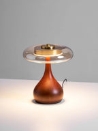 Table Lamp | Walnut-Tone Wood & Amber Glass | Warm LED Light
