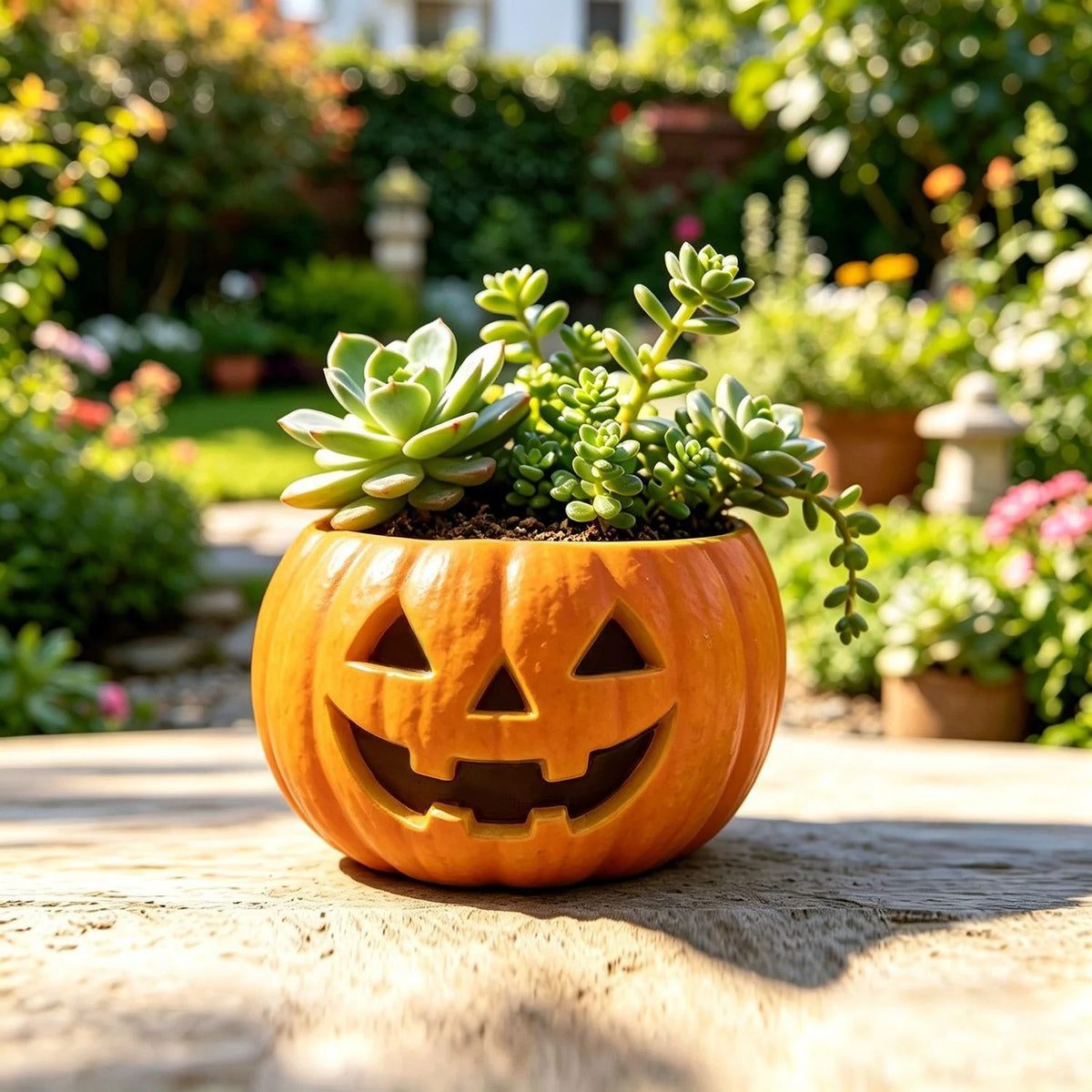 Pumpkin Planter | Glossy Ceramic Carved Face | Integrated Planter Insert