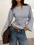 Women's T-Shirt | Striped Rib-Knit | Boat Neck & Cropped Long Sleeve