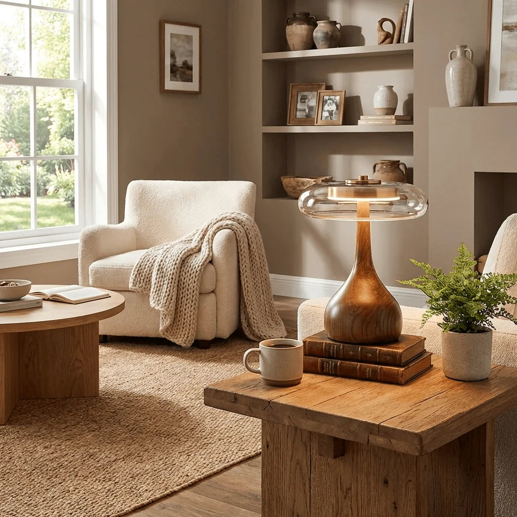 Table Lamp | Walnut-Tone Wood & Amber Glass | Warm LED Light