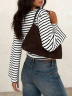 Women's T-Shirt | Striped Rib-Knit | Boat Neck & Cropped Long Sleeve