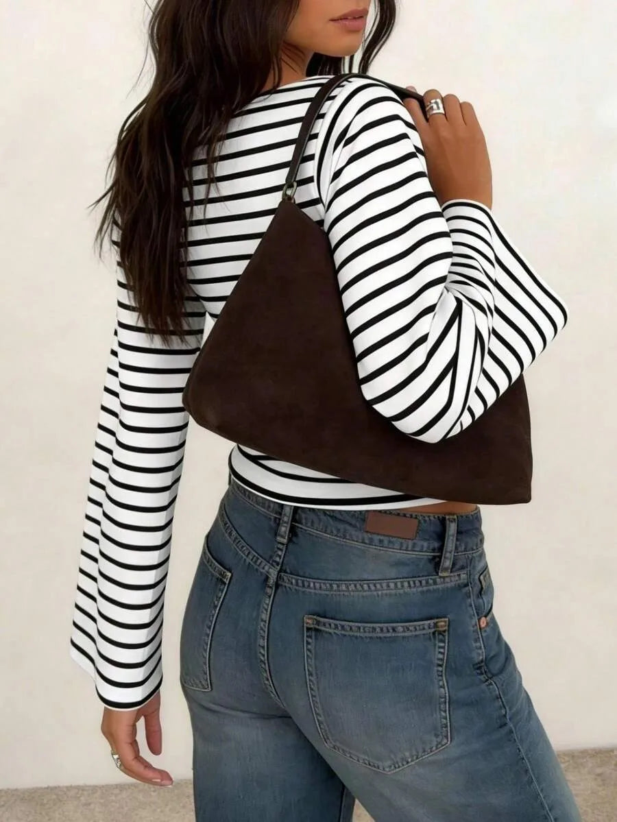Women's T-Shirt | Striped Rib-Knit | Boat Neck & Cropped Long Sleeve
