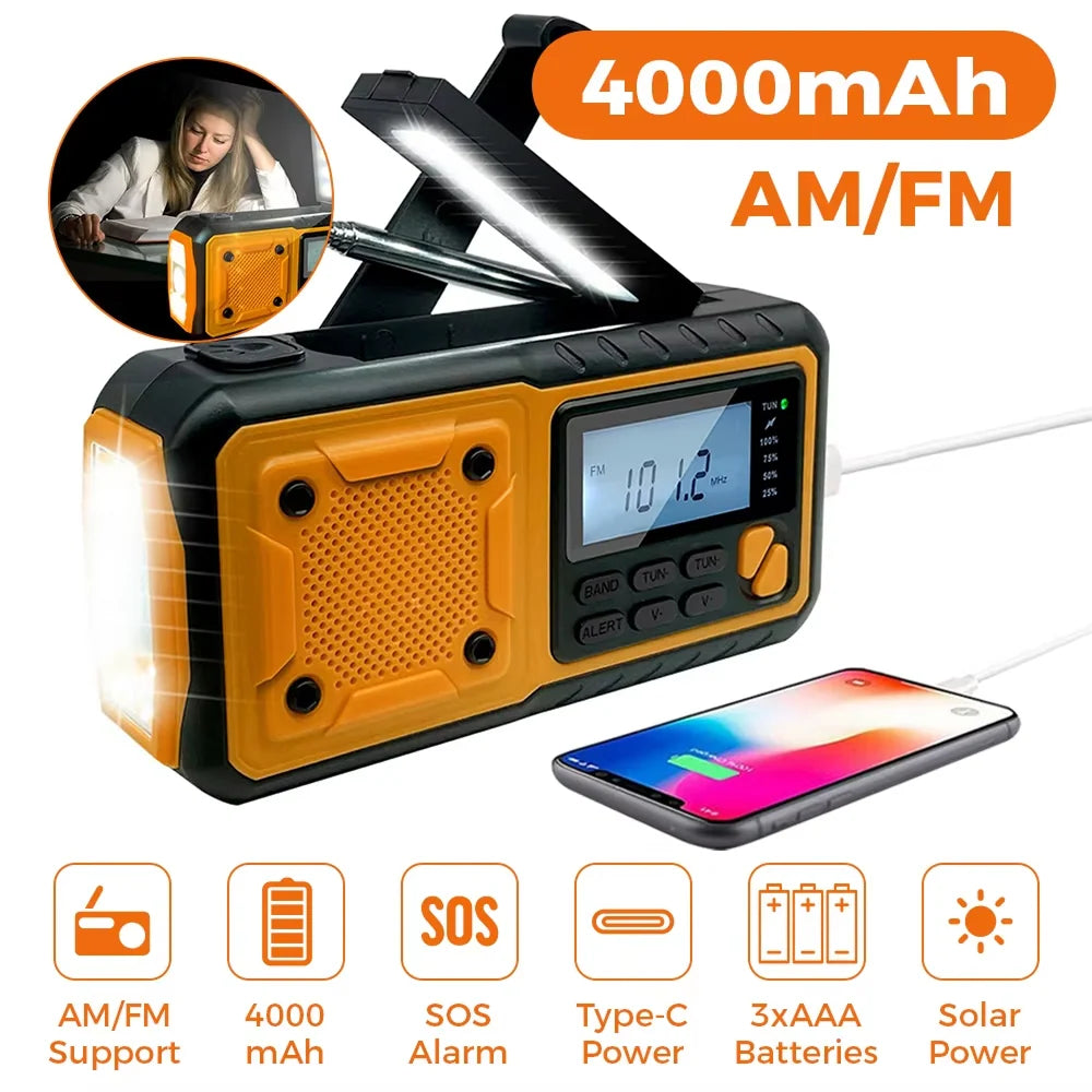Emergency Radio | Solar & Hand Crank Powered | Weather Alerts & Phone Charging