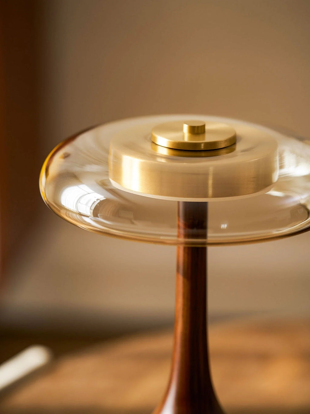 Table Lamp | Walnut-Tone Wood & Amber Glass | Warm LED Light