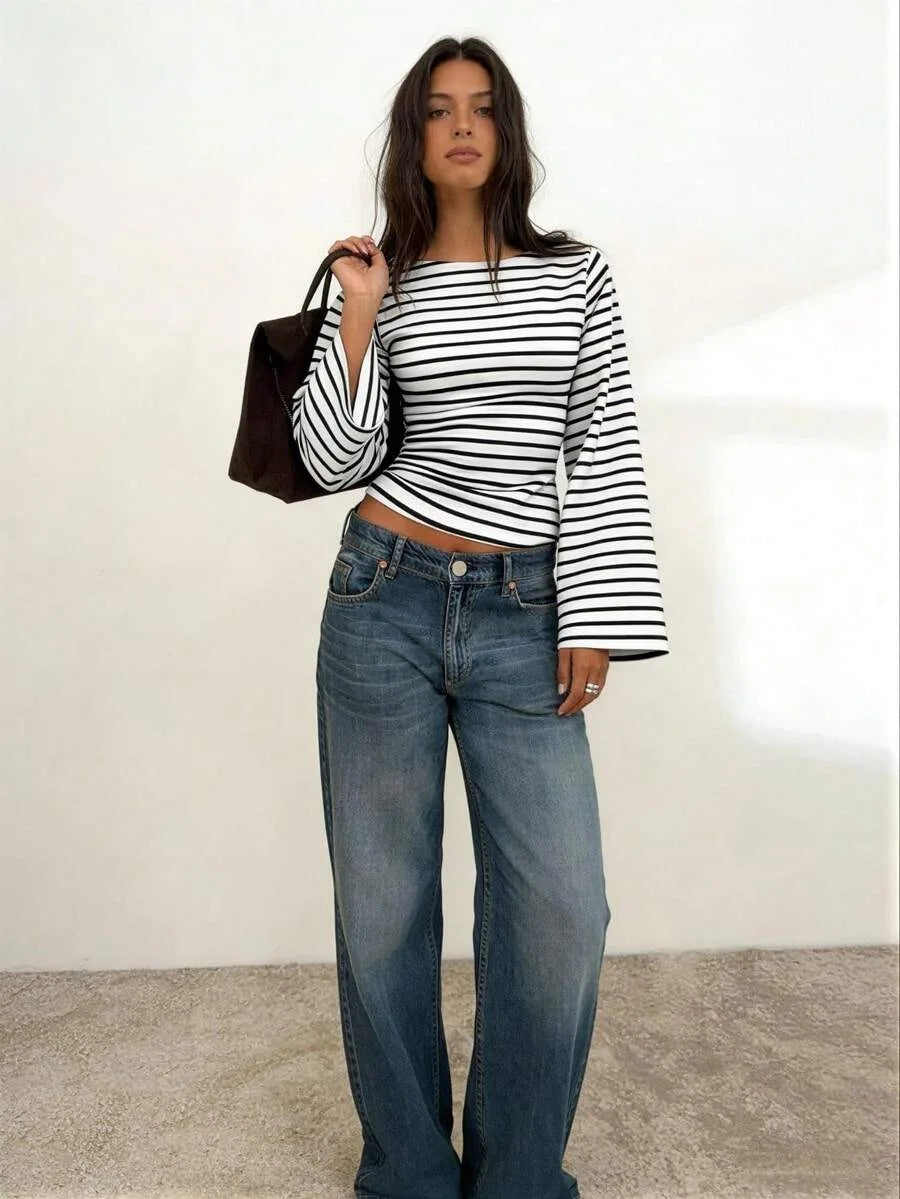 Women's T-Shirt | Striped Rib-Knit | Boat Neck & Cropped Long Sleeve