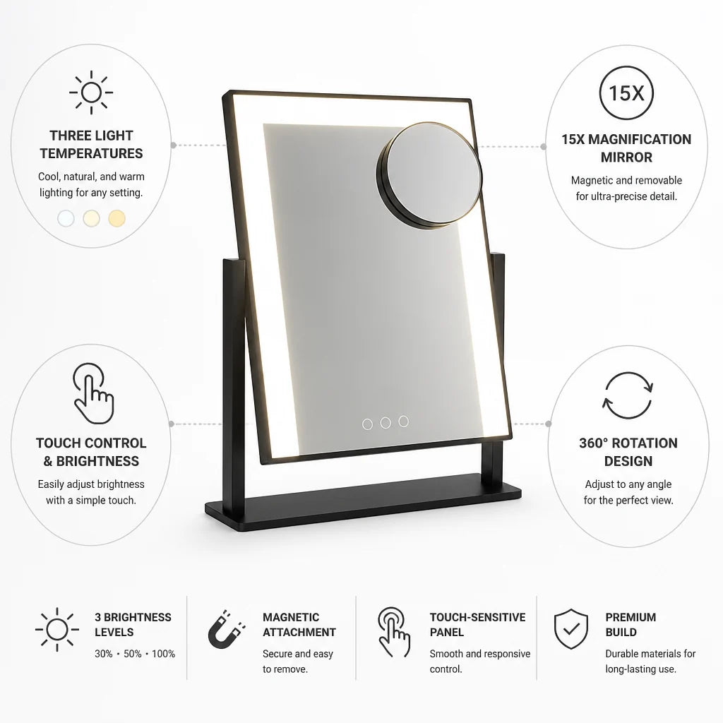 Makeup Mirror | Touch-Control LED Lighting | Removable 15× Magnifier