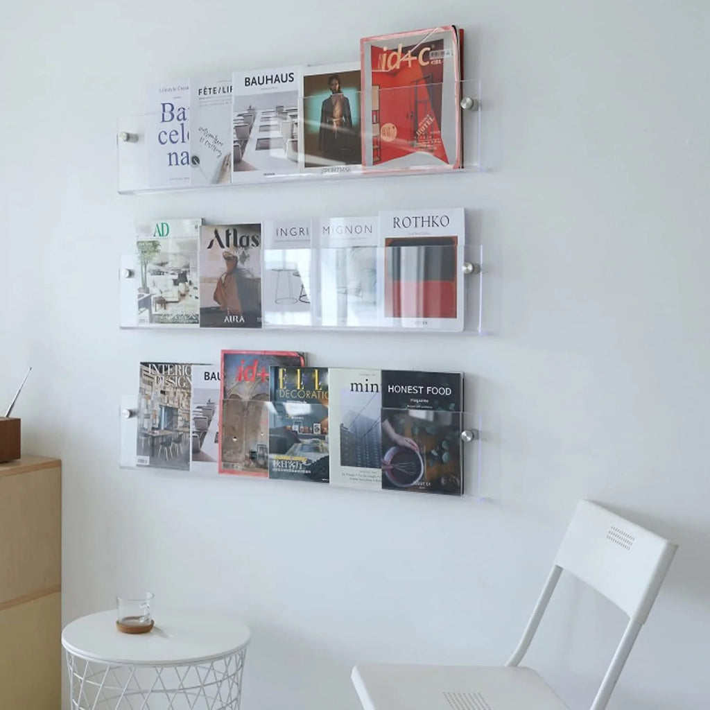 Wall-Mounted Magazine Shelf | Clear Acrylic & Easy Install | S/M/L Sizes