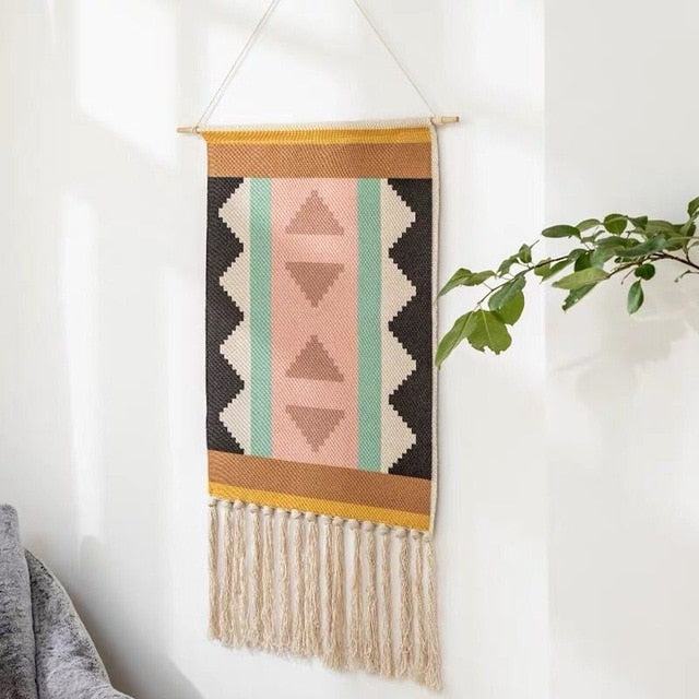 Macrame Wall Hanging | Handcrafted Cotton & Linen Geometric Fringe | 50 x 70 cm + 20 cm Fringe