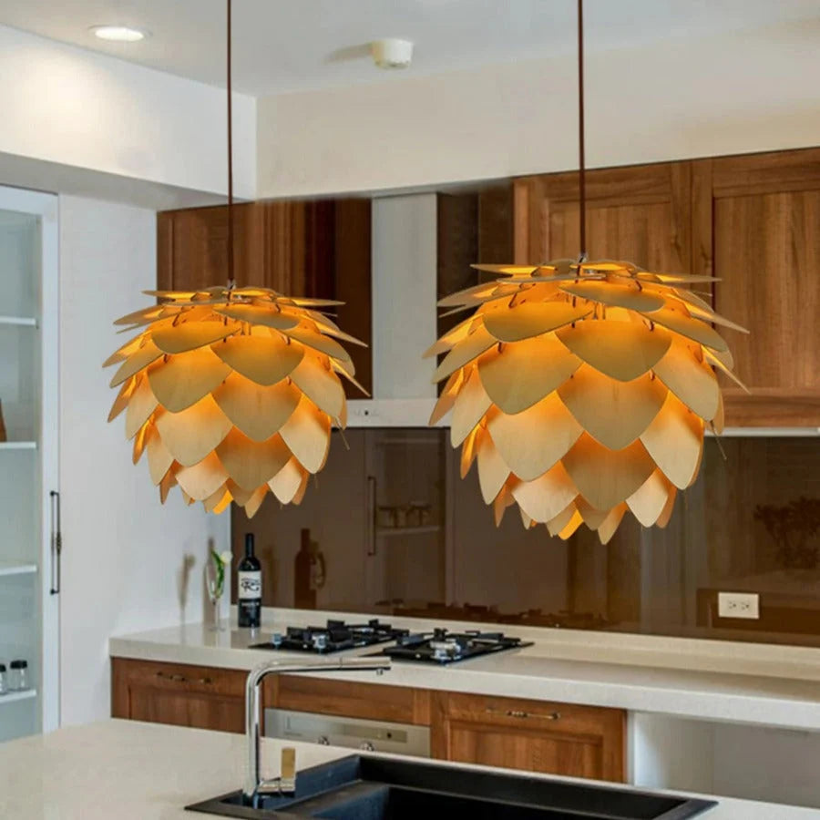 Pendant Lamp | Handcrafted Pine Wood Veneer & Dimmable LED Compatible | Diameter 38/45/68 cm