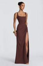 Maxi Dress | Draped Twill Corset Bodice | Adjustable Lace-Up Back