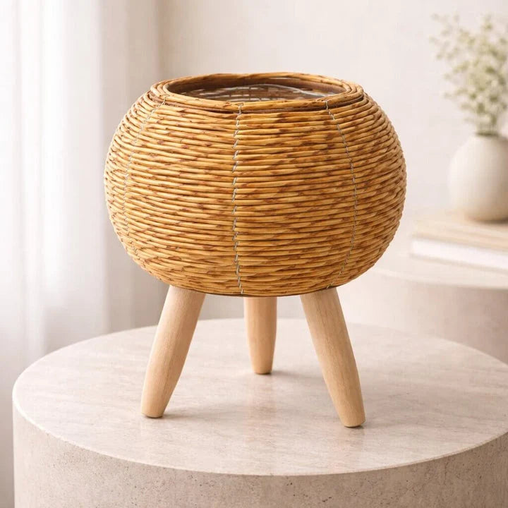 Plant Pot With Feet | Woven Basket & Wooden Feet | With Inner Insert