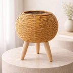 Plant Pot With Feet | Woven Basket & Wooden Feet | With Inner Insert