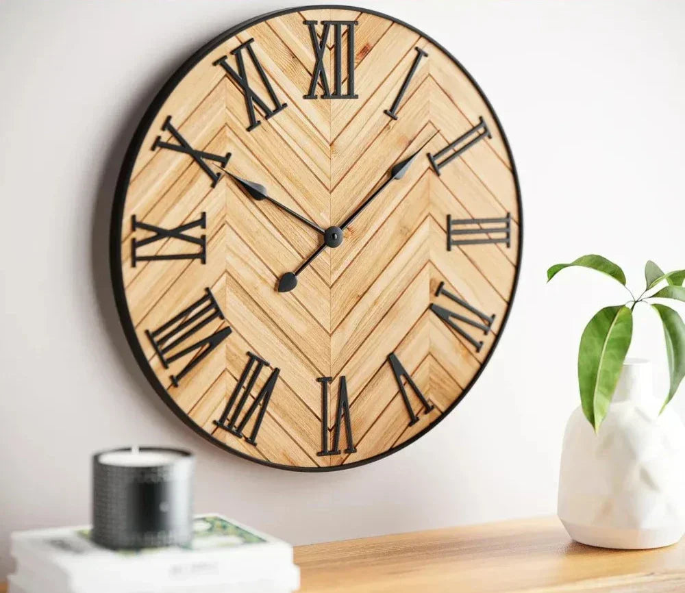Wall Clock | Traditional Roman Numerals Wood & Metal | 30 cm