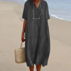 Women’s Midi Dress | Breathable Linen Blend V-Neck | Loose Fit