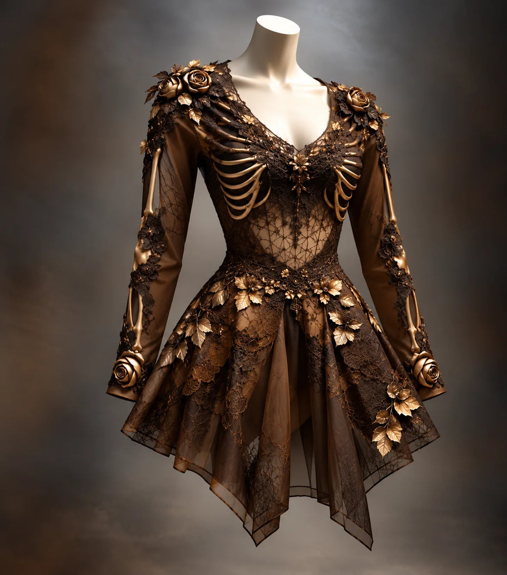 Mini Dress | Gothic Long Sleeve V-Neck | Bone-Inspired & 3D Floral Details