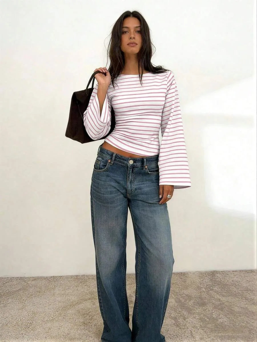 Women's T-Shirt | Striped Rib-Knit | Boat Neck & Cropped Long Sleeve