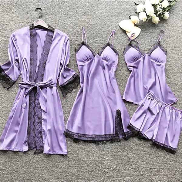 Sleepwear Set | Silk Satin & Lace Trim | 4-Piece Set