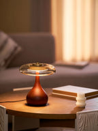 Table Lamp | Walnut-Tone Wood & Amber Glass | Warm LED Light
