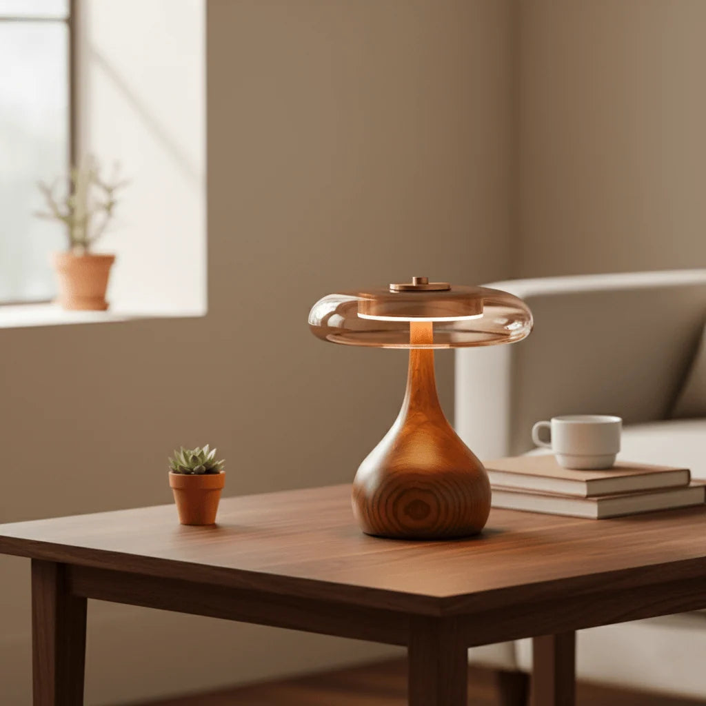 Table Lamp | Walnut-Tone Wood & Amber Glass | Warm LED Light