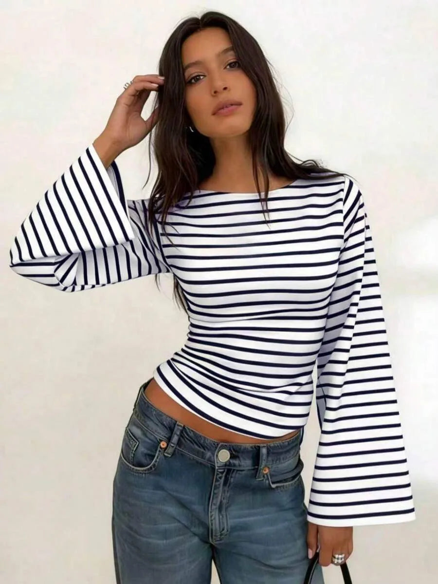Women's T-Shirt | Striped Rib-Knit | Boat Neck & Cropped Long Sleeve