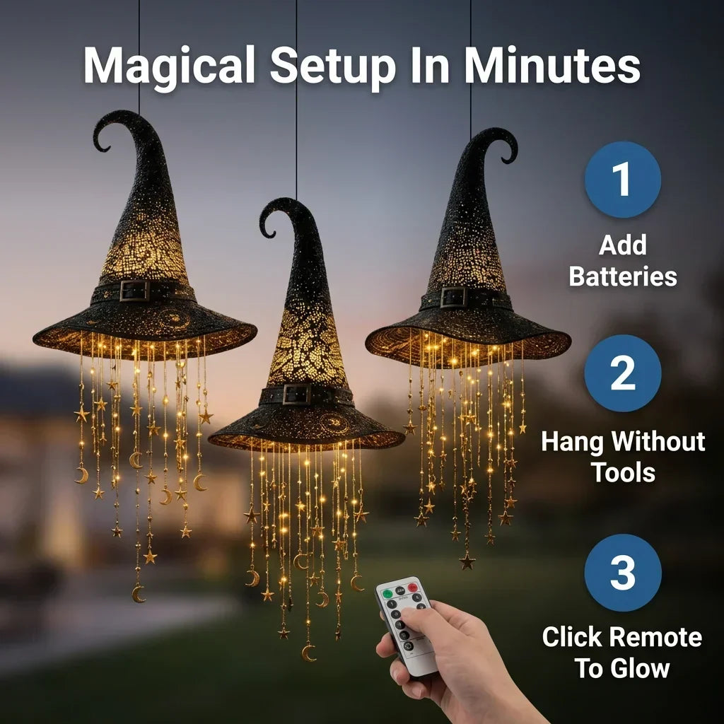 Hanging Witch Hat Decoration | Warm LED Light & Battery-Powered | Star & Moon Design