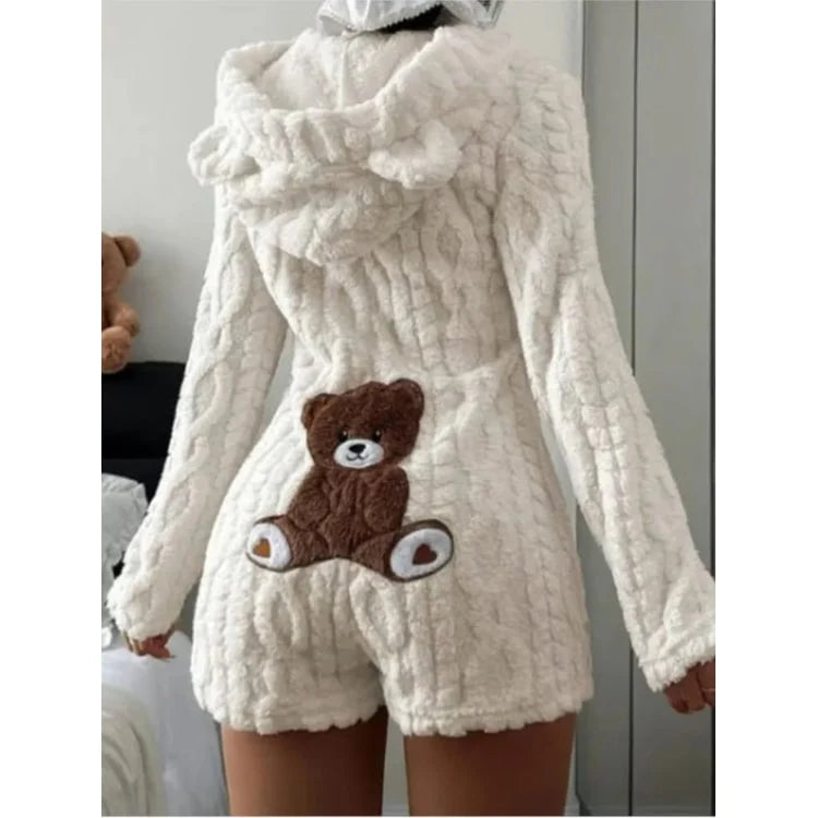 Fleece Romper | Plush Hood With Bear Ears | Front Zipper