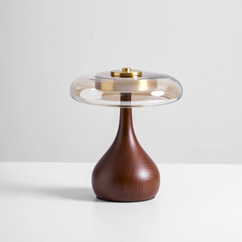 Table Lamp | Walnut-Tone Wood & Amber Glass | Warm LED Light