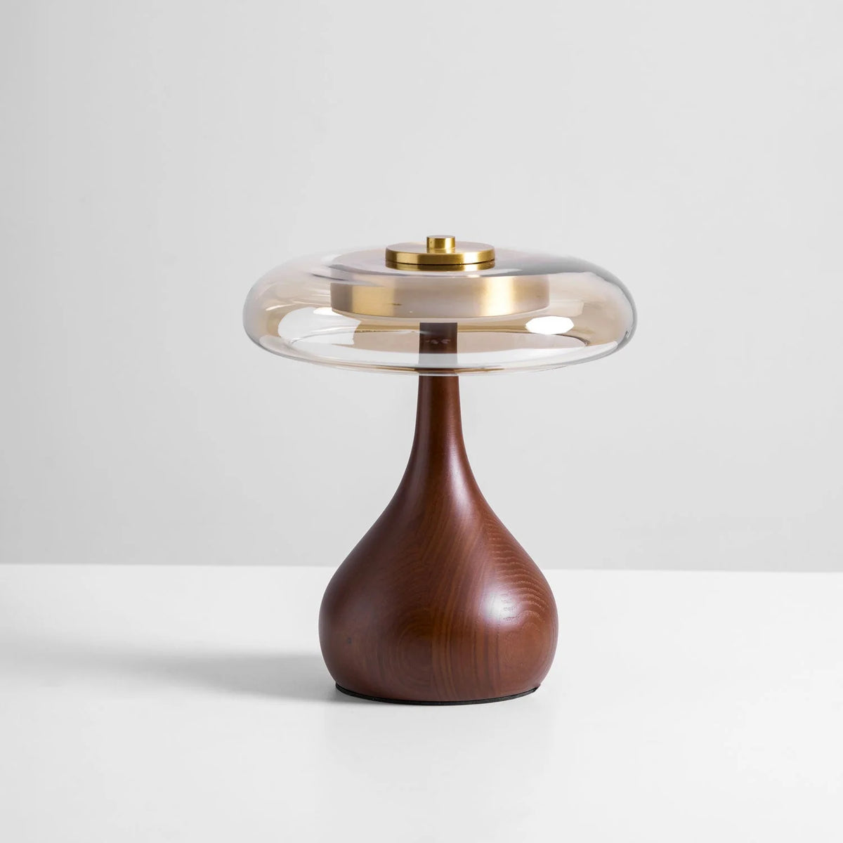 Table Lamp | Walnut-Tone Wood & Amber Glass | Warm LED Light