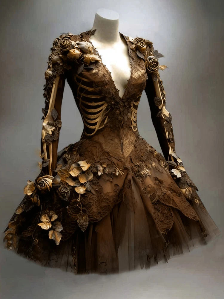 Mini Dress | Gothic Skeleton & Floral Appliqués | Long Sleeve