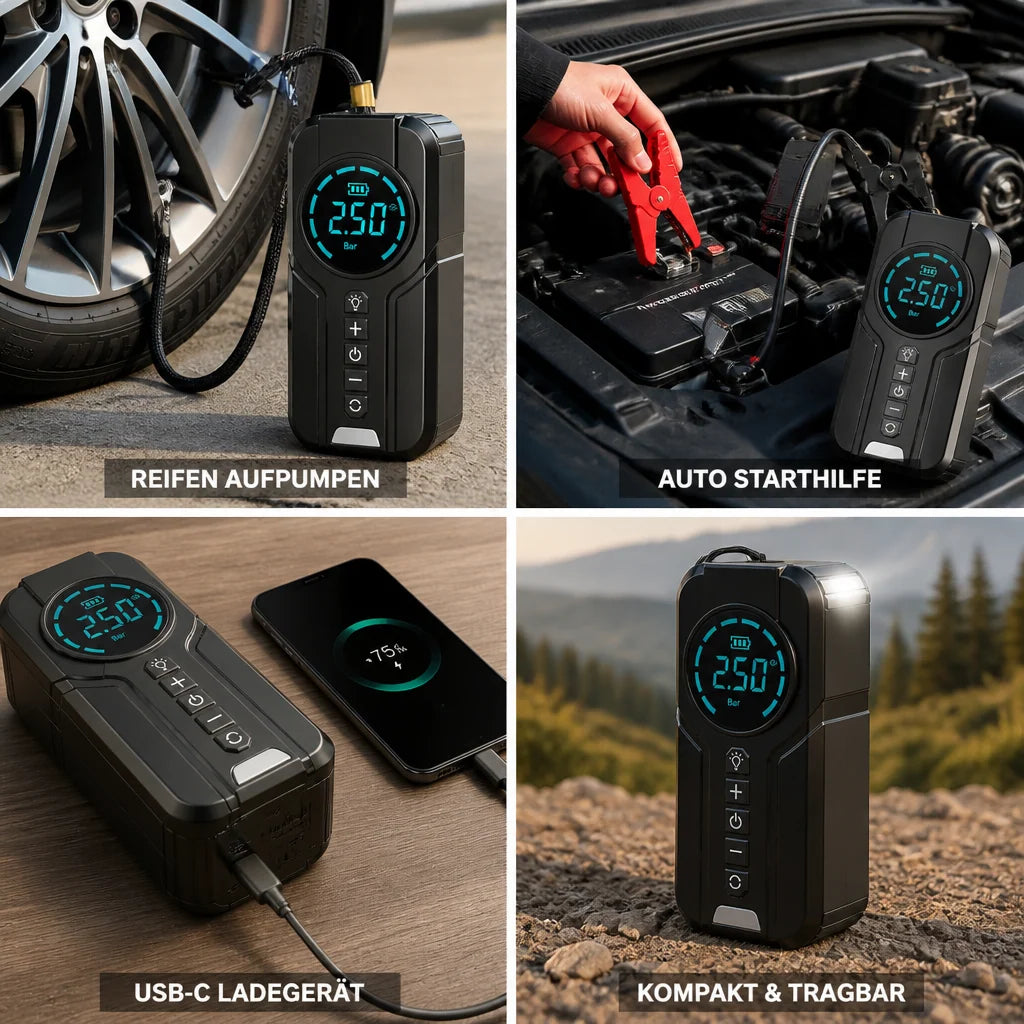 Jump Starter & Tire Inflator | Compact Multi-Function | USB-C Charging