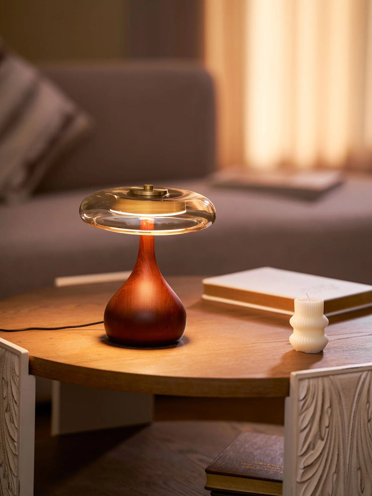 Table Lamp | Walnut-Tone Wood & Amber Glass | Warm LED Light
