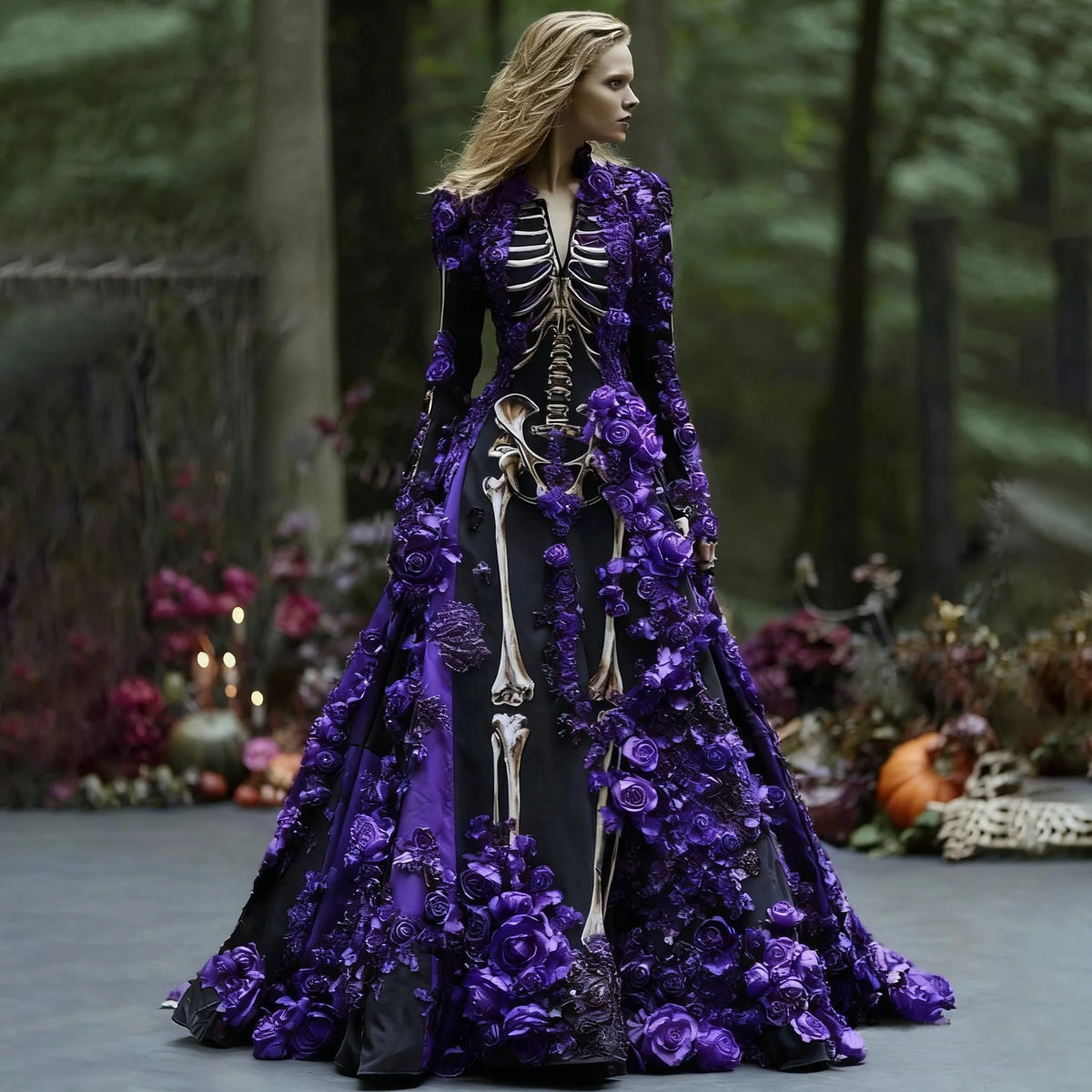 Maxi Dress | Skeleton Floral Print & Long Sleeve