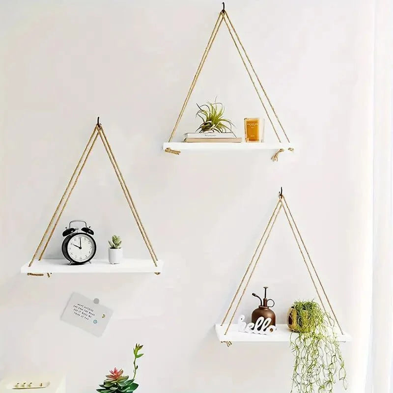 Hanging Wall Shelf | Rope-Supported & Wooden